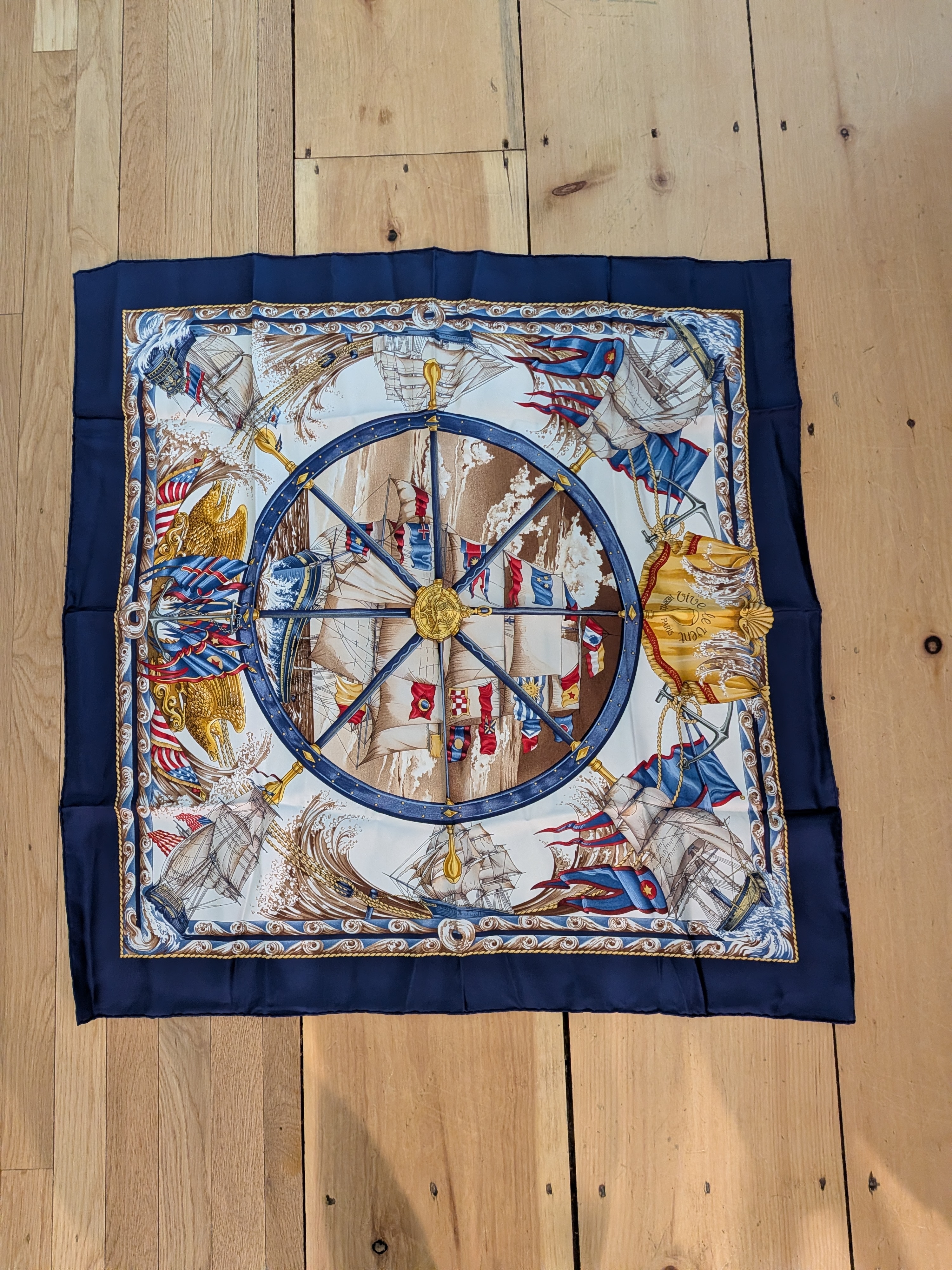 Hermes Navy Blue Gold And White Nautical Silk Scarf